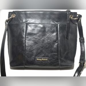 ​Tommy Bahama Black 100% Leather Braided Trim Crossbody Bag